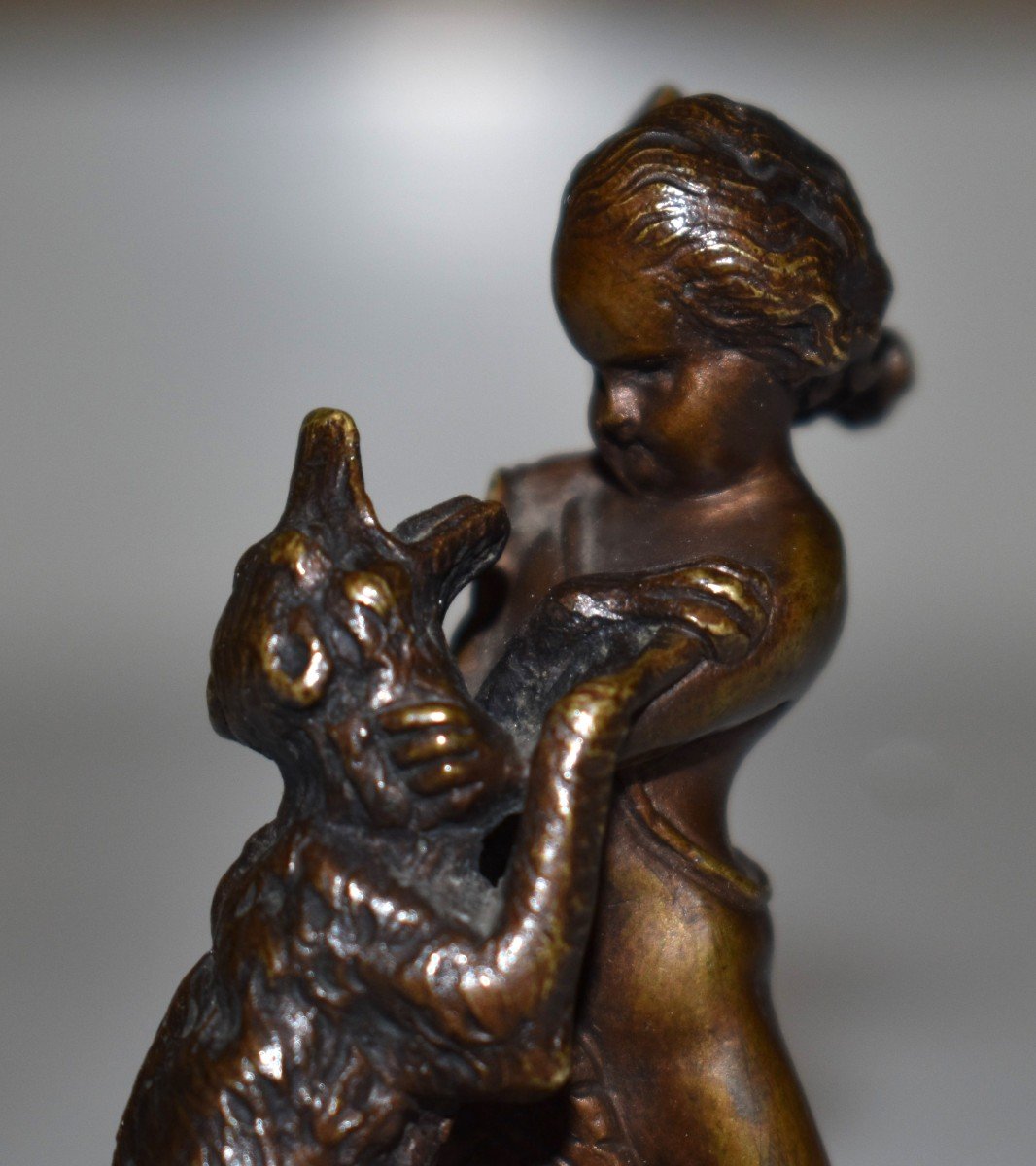 Figurine En Bronze, Statuette, Bronze Sculpture, Cherub And Canidae.-photo-6