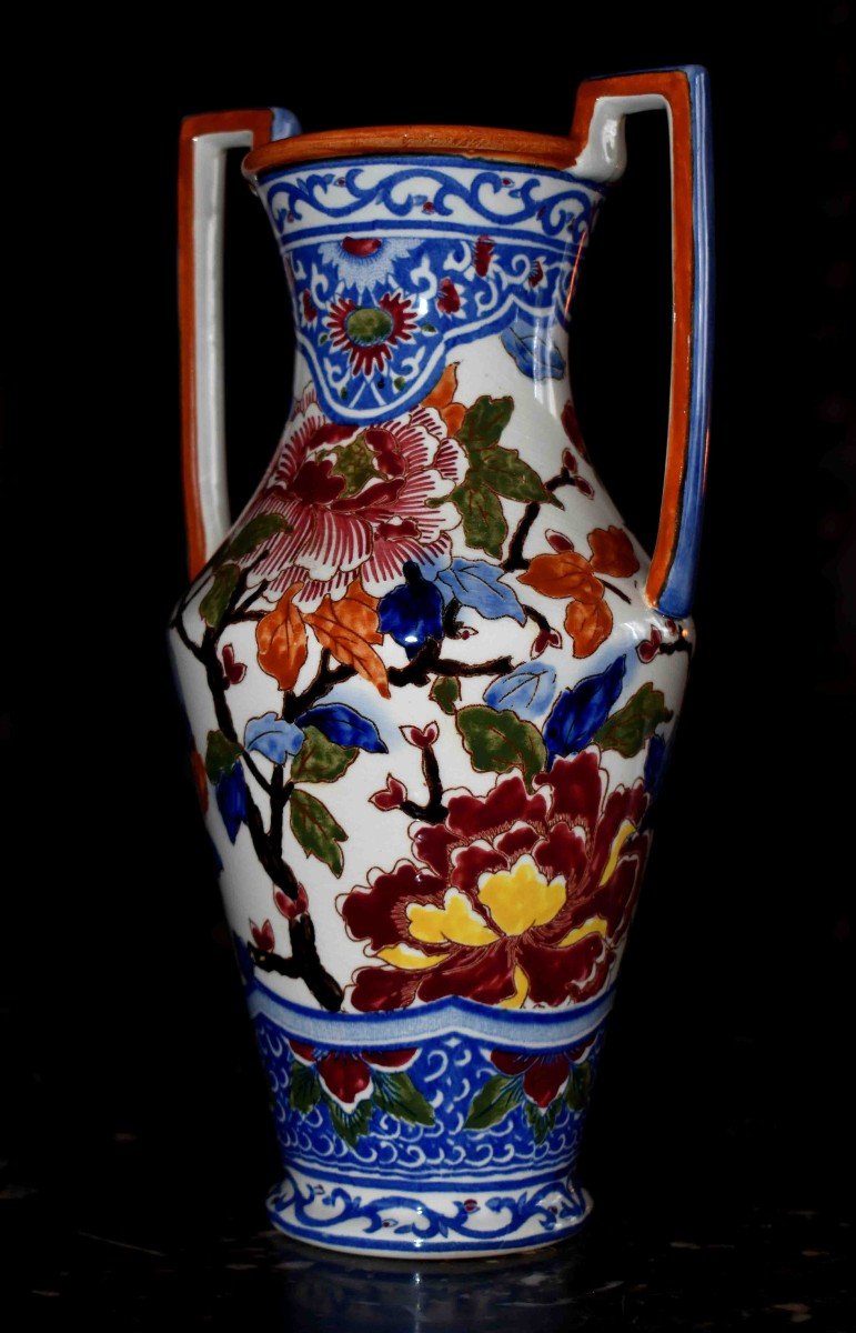 Gien Earthenware Vase Amphora Shape, Peony Model-photo-2