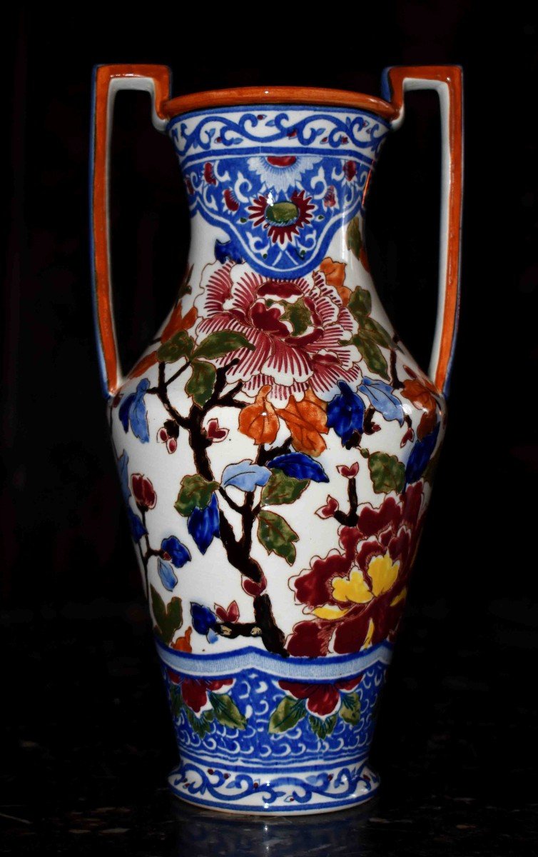 Gien Earthenware Vase Amphora Shape, Peony Model-photo-4