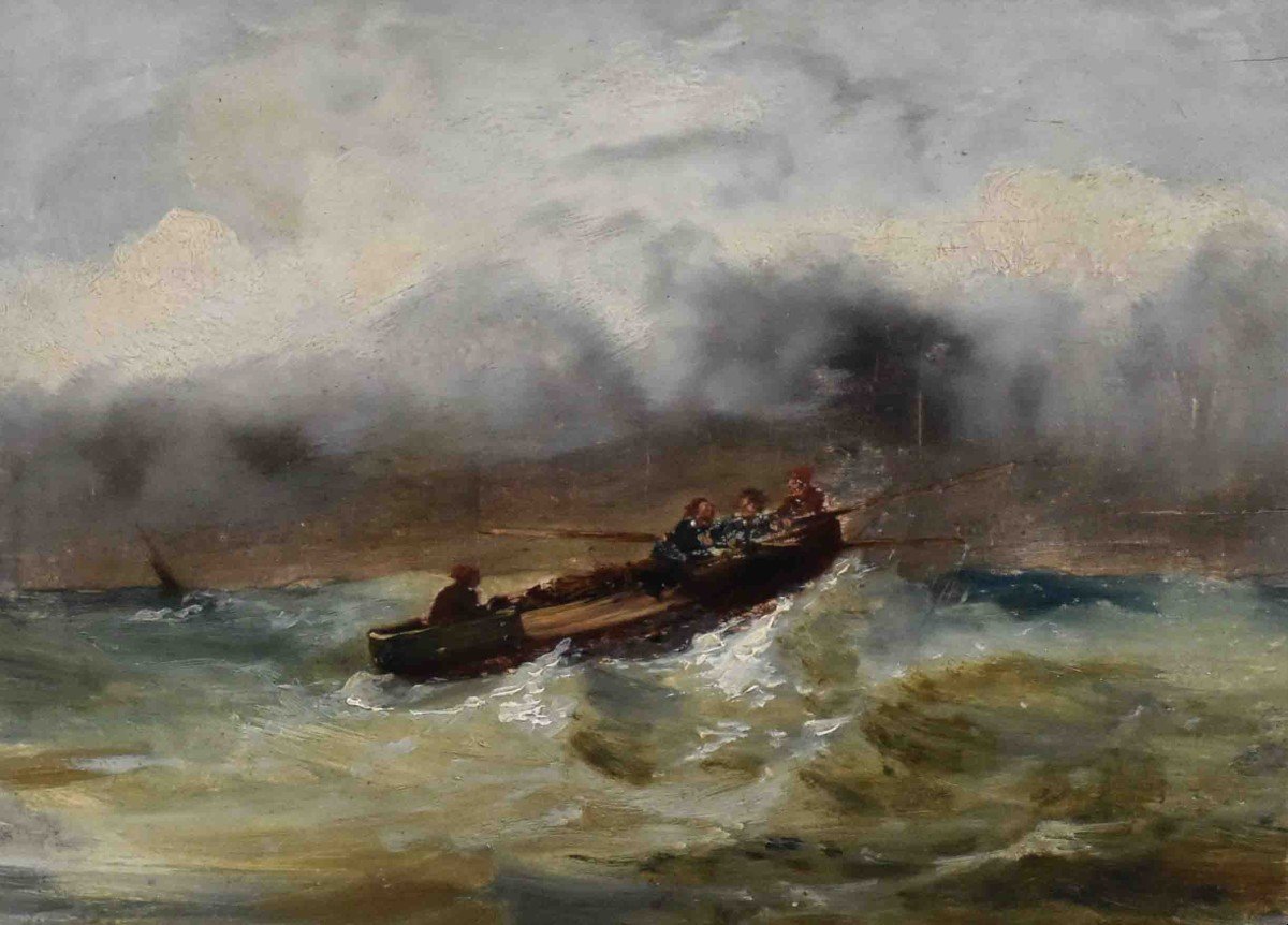 Marine, French School Of The Nineteenth, Boat In The Storm, Raging Sea.-photo-4