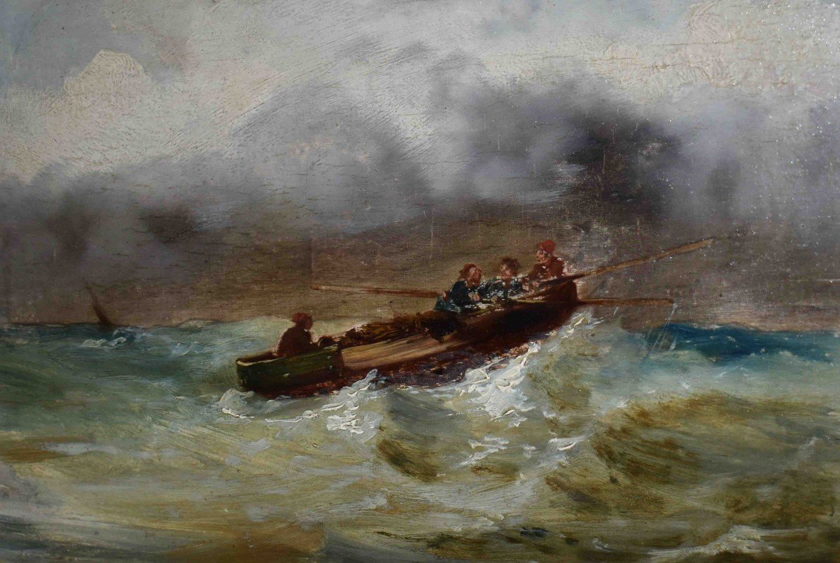 Marine, French School Of The Nineteenth, Boat In The Storm, Raging Sea.-photo-1
