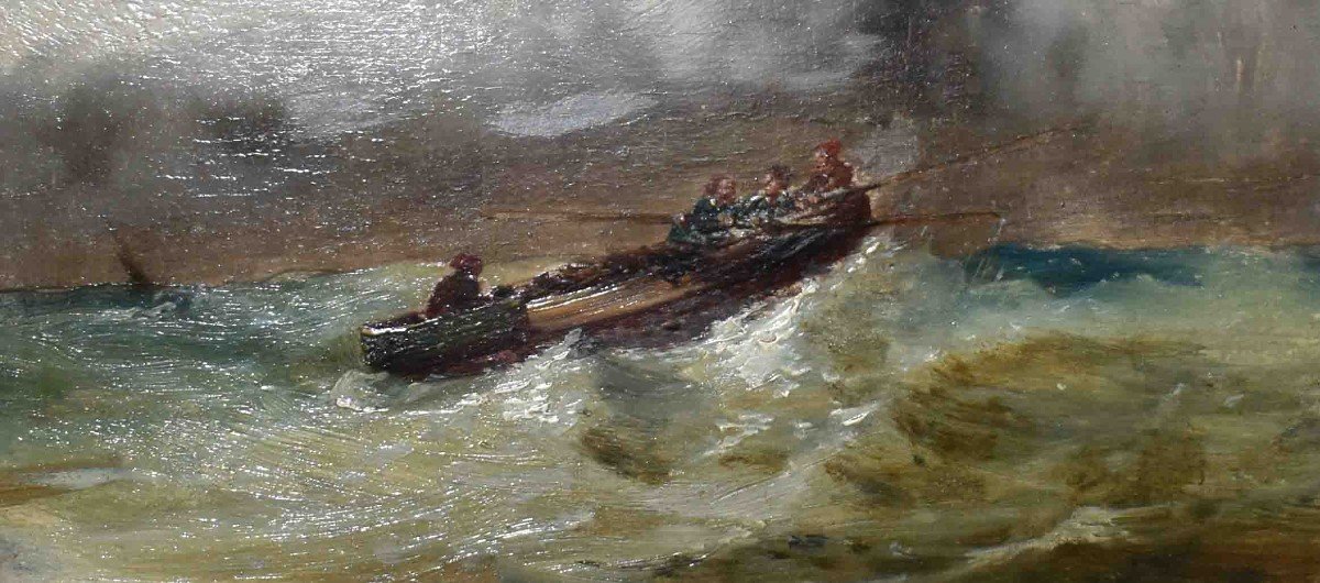 Marine, French School Of The Nineteenth, Boat In The Storm, Raging Sea.-photo-2