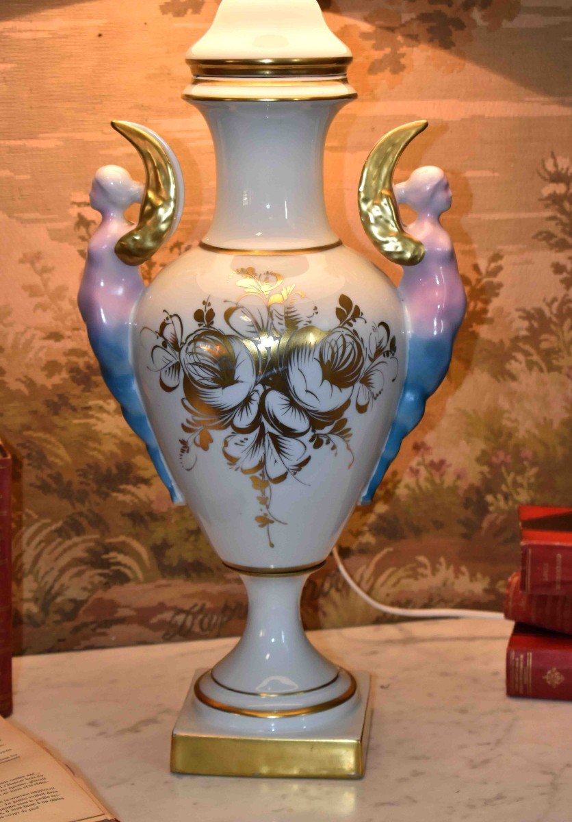 Large Limoges Porcelain Lamp, Hand Painted Floral Decor-photo-1