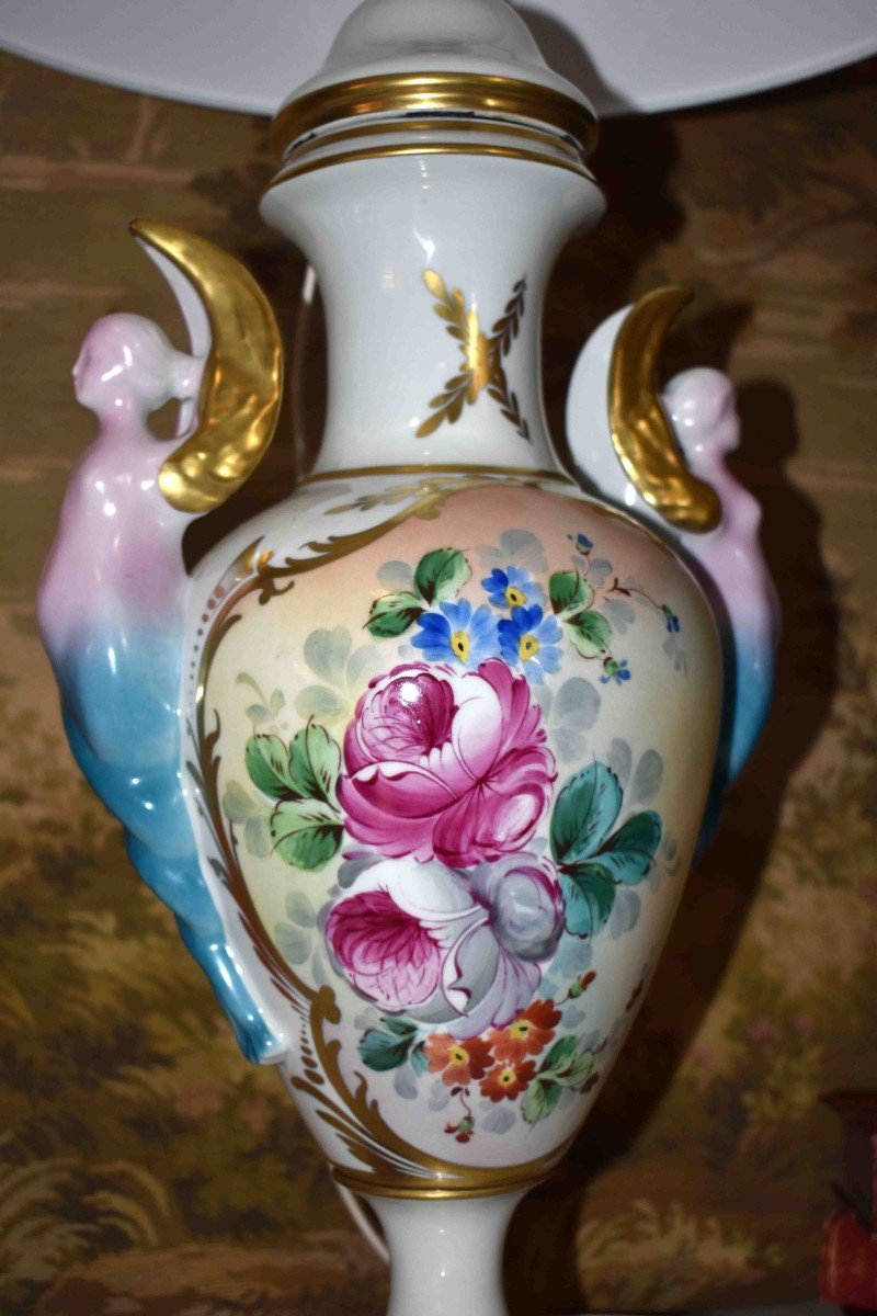 Grande Lampe En Porcelaine De Limoges, Décor Floral Peint Main-photo-2