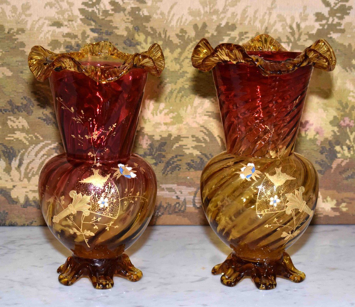 Pair Of Enamelled Vases, Legras - Montjoye, Saint-denis, Art Nouveau, Around 1900.-photo-2