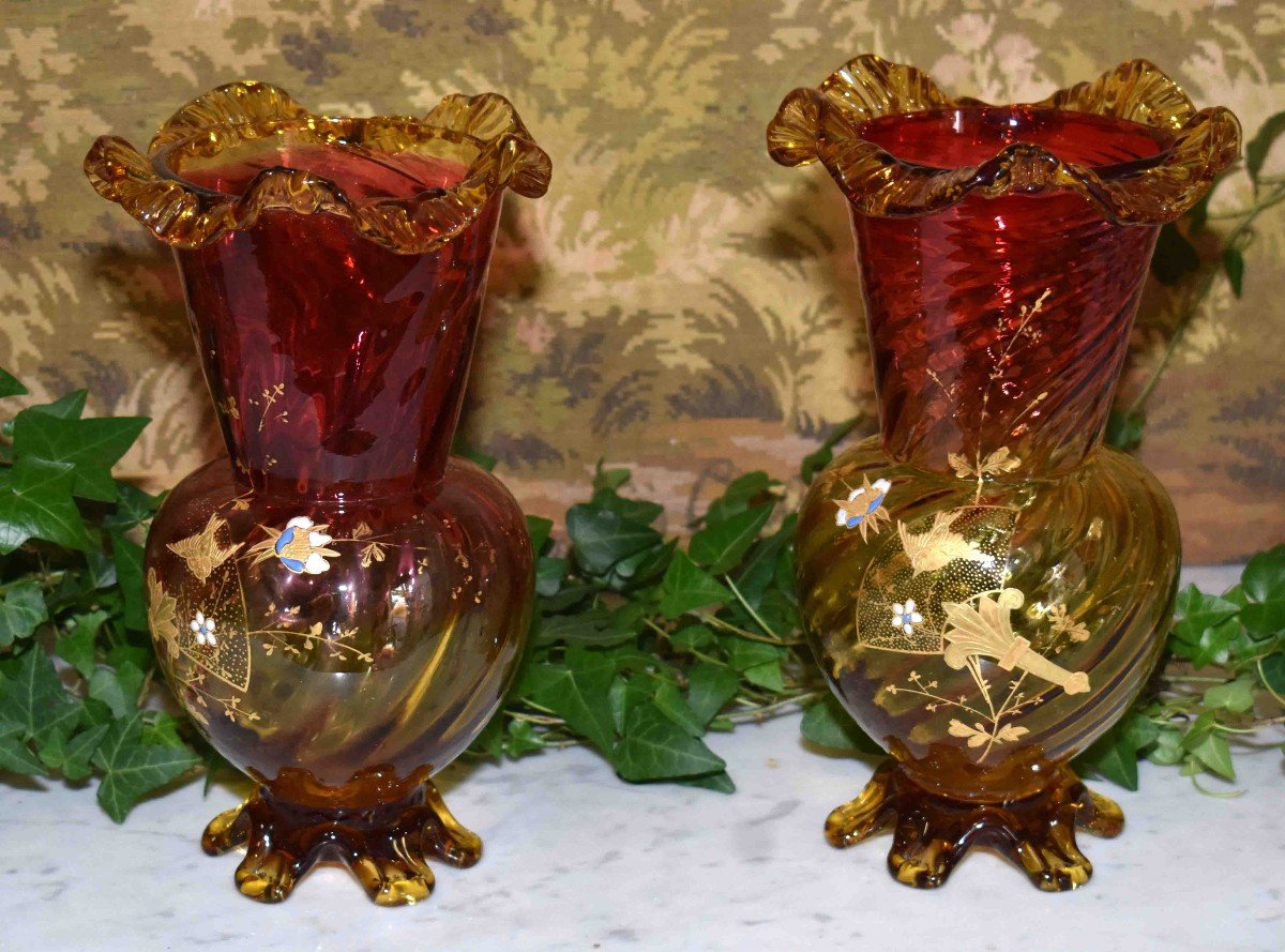 Pair Of Enamelled Vases, Legras - Montjoye, Saint-denis, Art Nouveau, Around 1900.