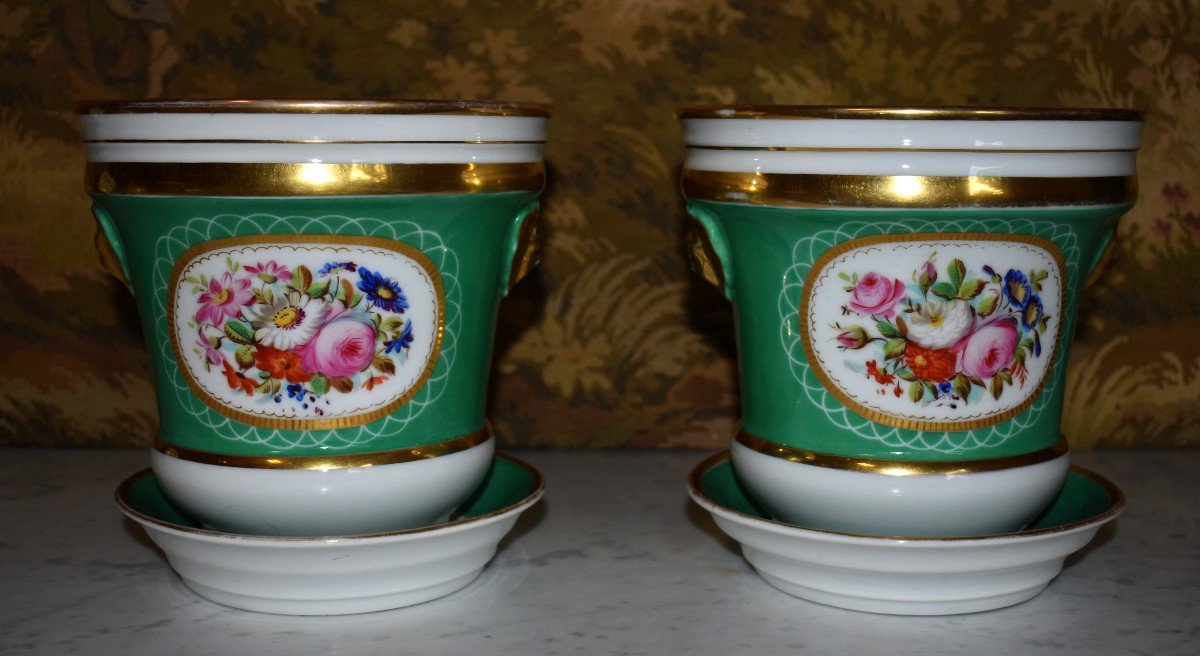 Pair Of Napoleon III Period Pot Caches With Saucers, Bouquet Of Flowers Decor. 19th Century.-photo-3