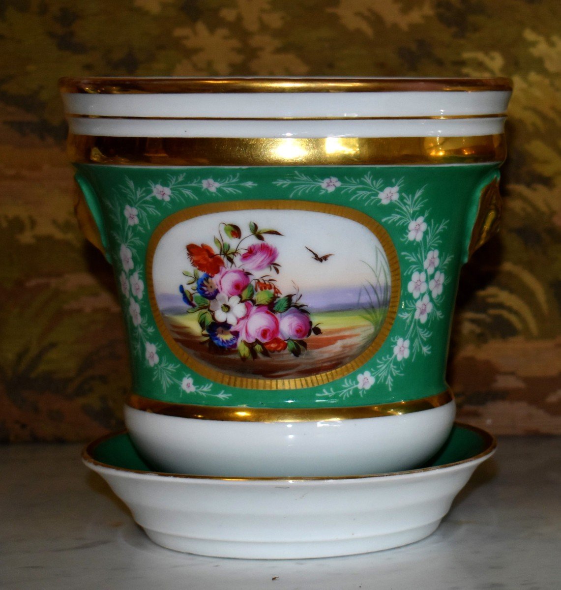 Pair Of Napoleon III Period Pot Caches With Saucers, Bouquet Of Flowers Decor. 19th Century.-photo-4