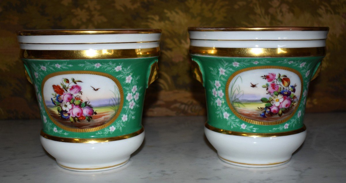 Pair Of Napoleon III Period Pot Caches With Saucers, Bouquet Of Flowers Decor. 19th Century.-photo-2