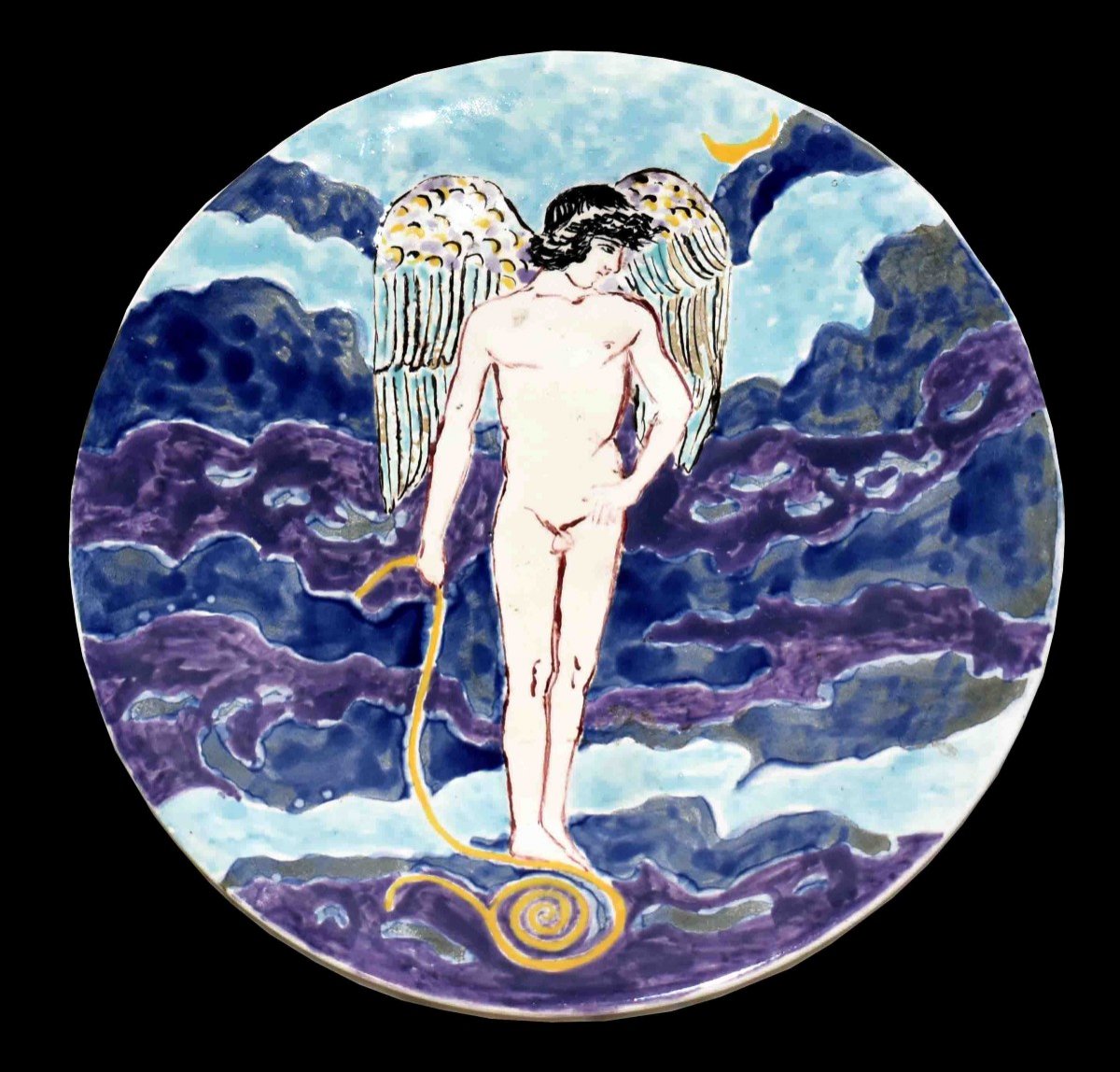 Ernestine Sirine Réal ( 1899-1994) Assiette Décorative , décor naïf. scène de la mythologie Gréco-romaine, Grèce antique.