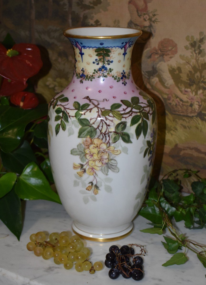 L. Thomas. Large Limoges Porcelain Vase Hand Painted And Floral Decor, Signed 1931.-photo-2