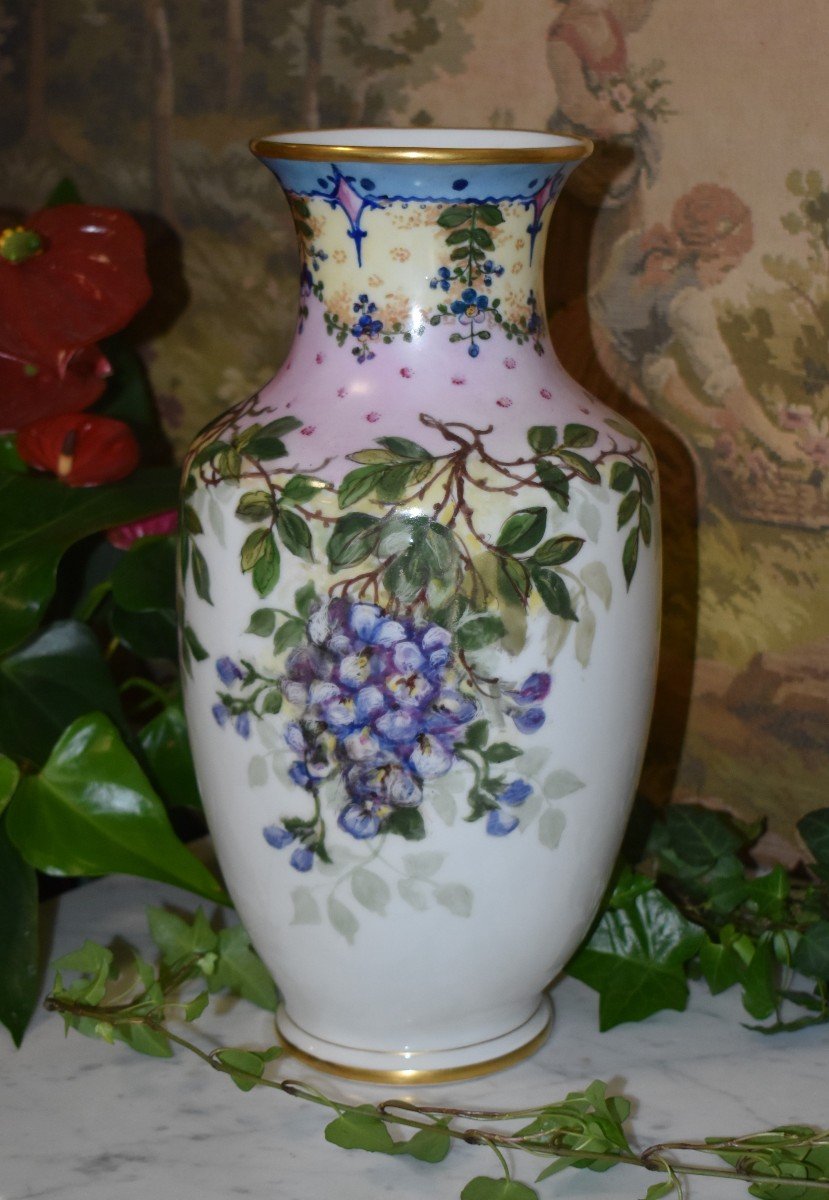 L. Thomas. Large Limoges Porcelain Vase Hand Painted And Floral Decor, Signed 1931.-photo-3