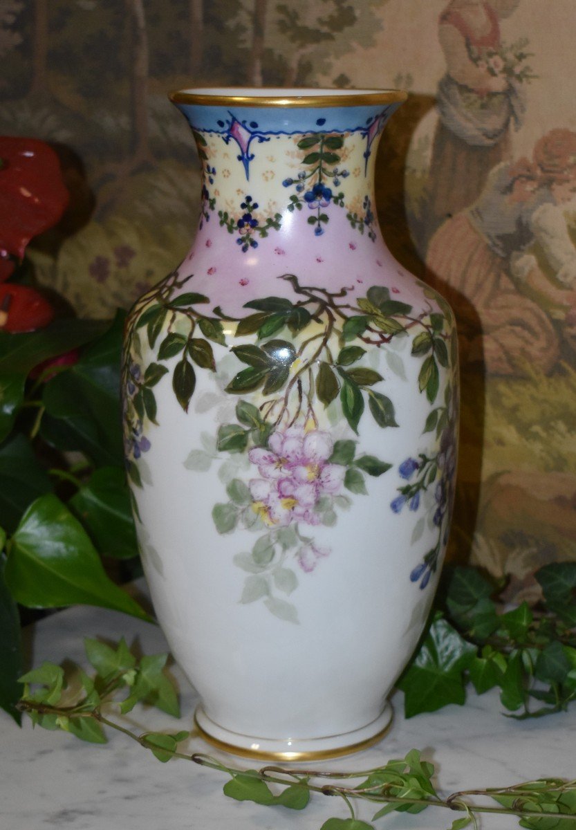 L. Thomas. Large Limoges Porcelain Vase Hand Painted And Floral Decor, Signed 1931.-photo-4