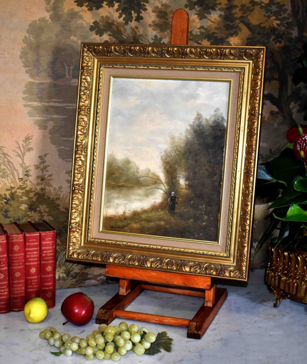 Berthaux, Animated Landscape, Oil Painting On Canvas, Riverside,-photo-2