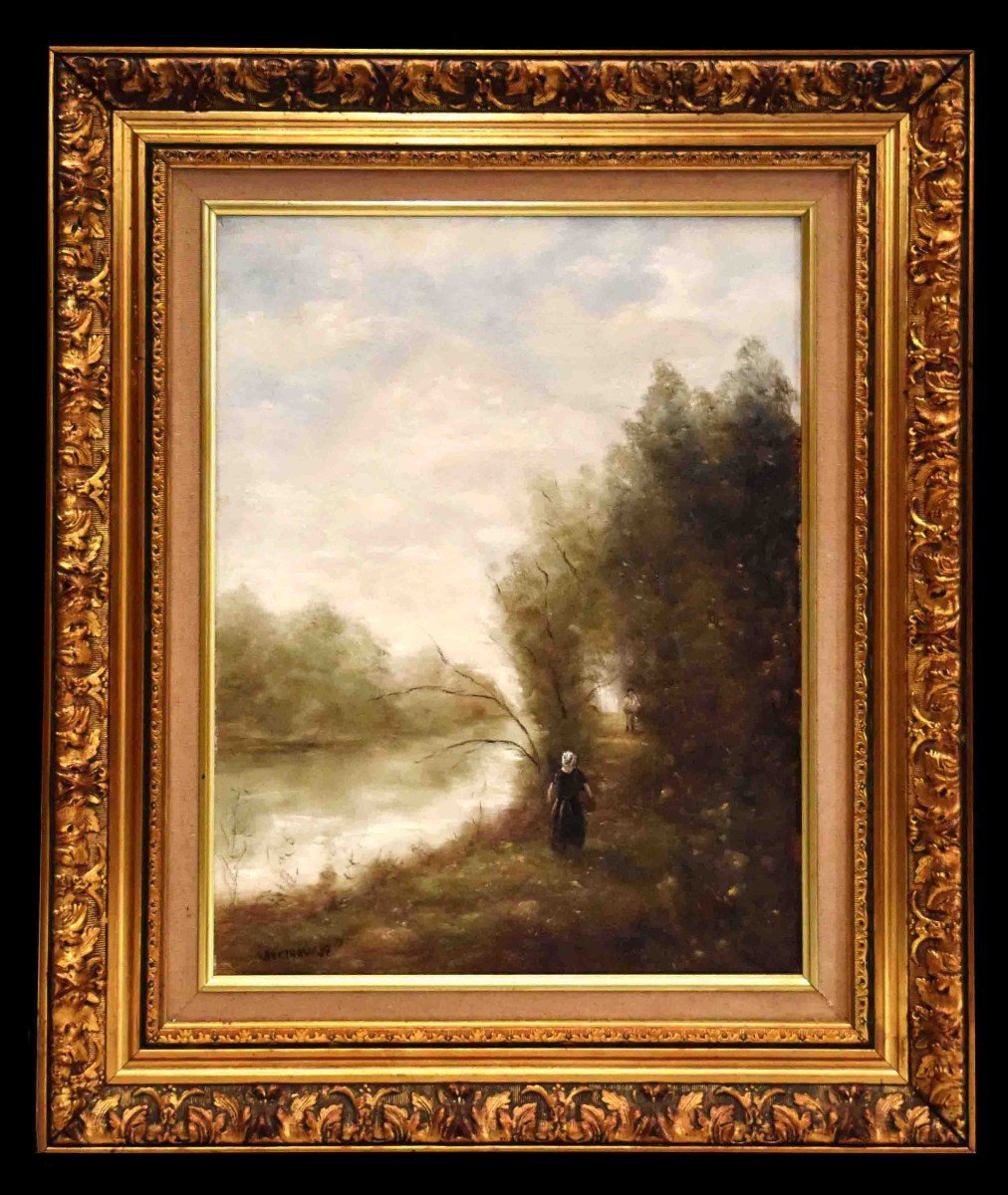 Berthaux, Animated Landscape, Oil Painting On Canvas, Riverside,