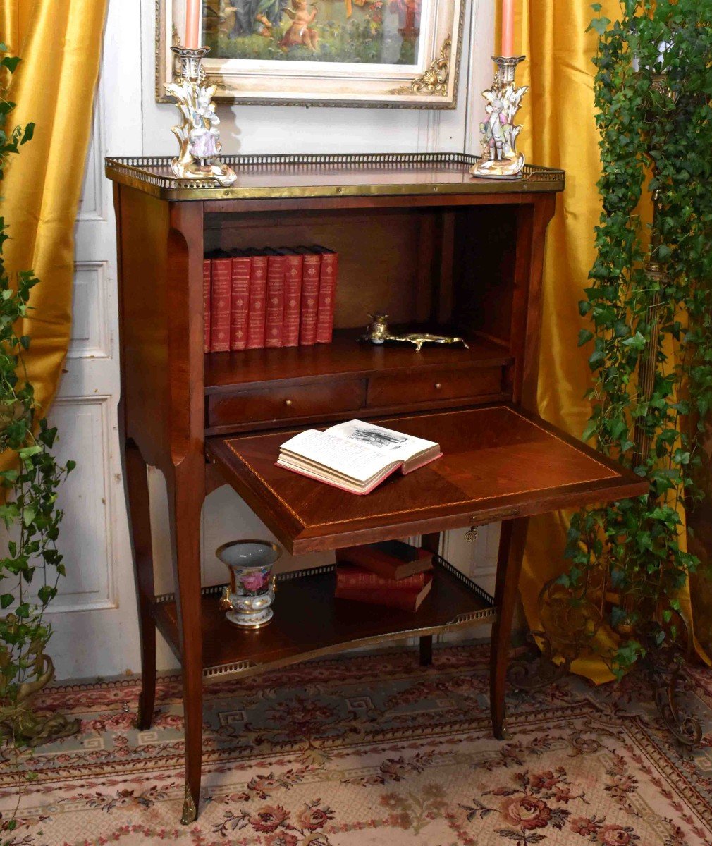 Auxiliary Cabinet In Marquetry And Walnut Frisage, Desk, Folding Secretary, Multiple Fonctions-photo-3