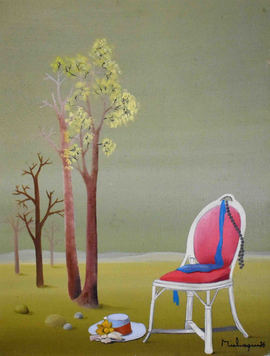 François Mielvaque, Surrealist Painting, Landscape At The Chair.-photo-3