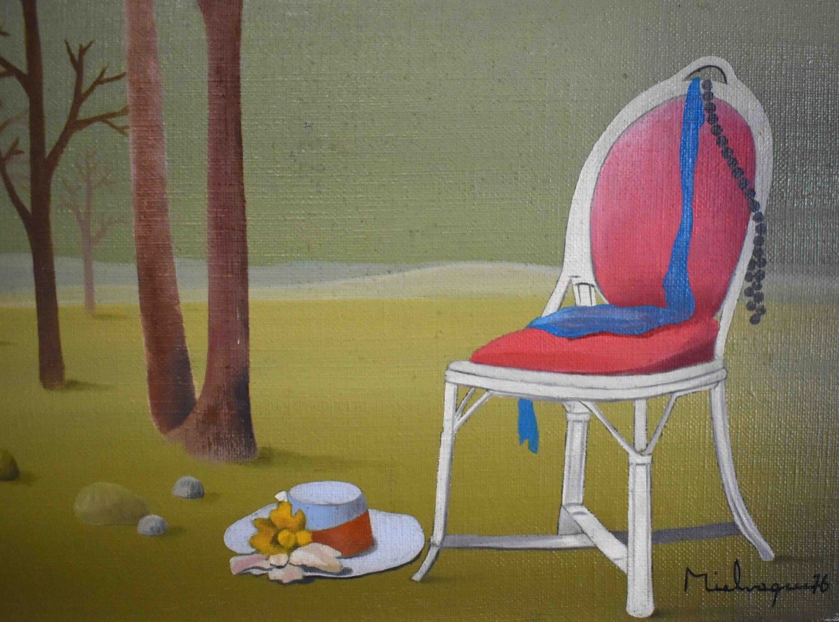 François Mielvaque, Surrealist Painting, Landscape At The Chair.-photo-2