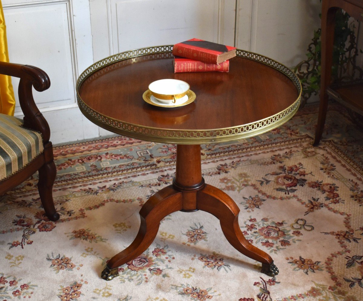Pedestal Table Tripod Base In Mahogany, Circular Top, Brass Gallery.