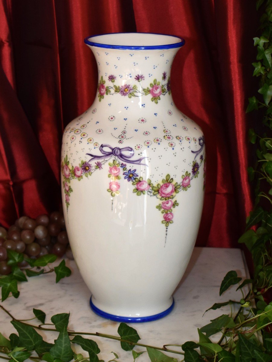 Large Limoges Porcelain Vase Entirely Hand Painted, Floral Decor.-photo-3