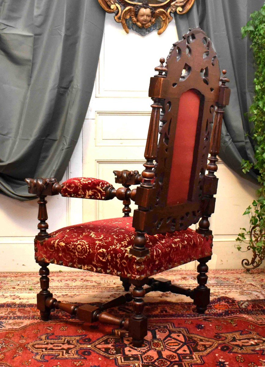 Paire d'Important Fauteuils d'Apparat De Style Henri II , Renaissance, Ch&ecirc;ne Massif Tissu en velours de G&ecirc;nes , XIX&egrave;me.-photo-3