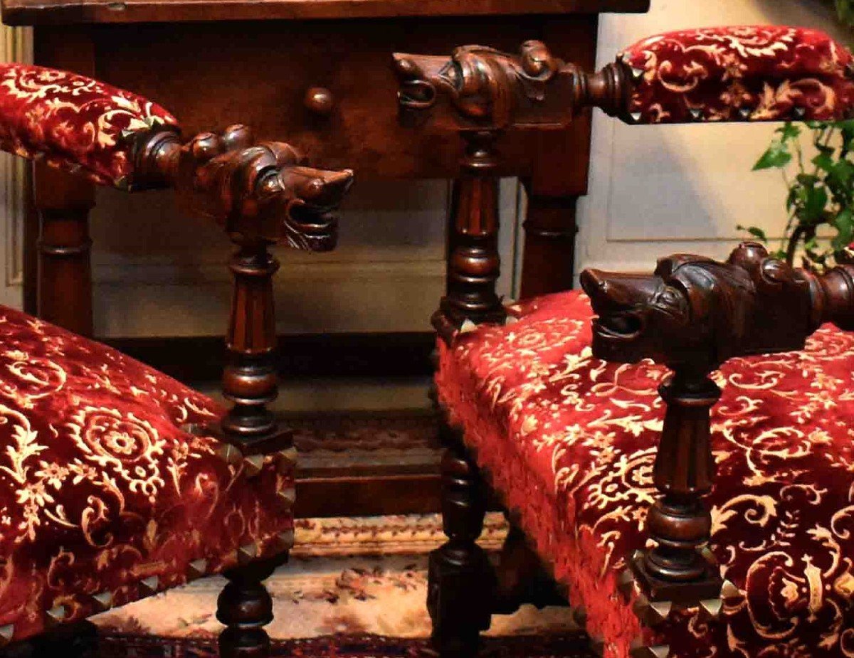 Paire d'Important Fauteuils d'Apparat De Style Henri II , Renaissance, Ch&ecirc;ne Massif Tissu en velours de G&ecirc;nes , XIX&egrave;me.-photo-4