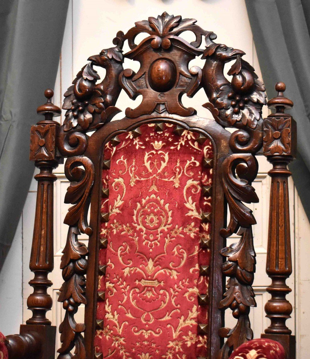 Paire d'Important Fauteuils d'Apparat De Style Henri II , Renaissance, Ch&ecirc;ne Massif Tissu en velours de G&ecirc;nes , XIX&egrave;me.-photo-1