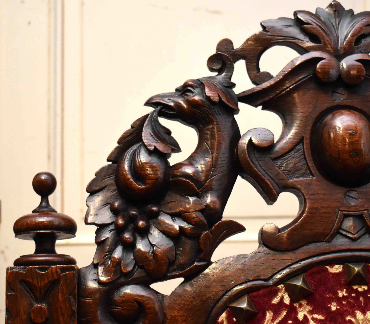 Paire d'Important Fauteuils d'Apparat De Style Henri II , Renaissance, Ch&ecirc;ne Massif Tissu en velours de G&ecirc;nes , XIX&egrave;me.-photo-2