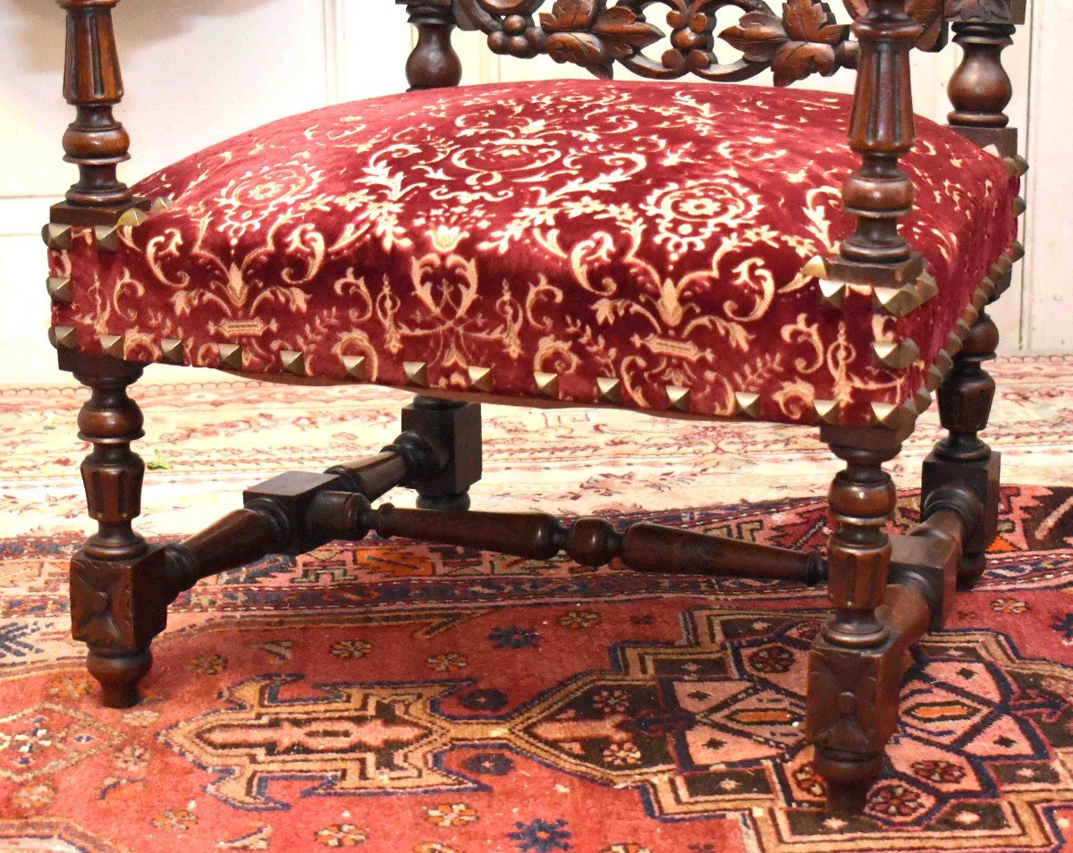 Paire d'Important Fauteuils d'Apparat De Style Henri II , Renaissance, Ch&ecirc;ne Massif Tissu en velours de G&ecirc;nes , XIX&egrave;me.-photo-4