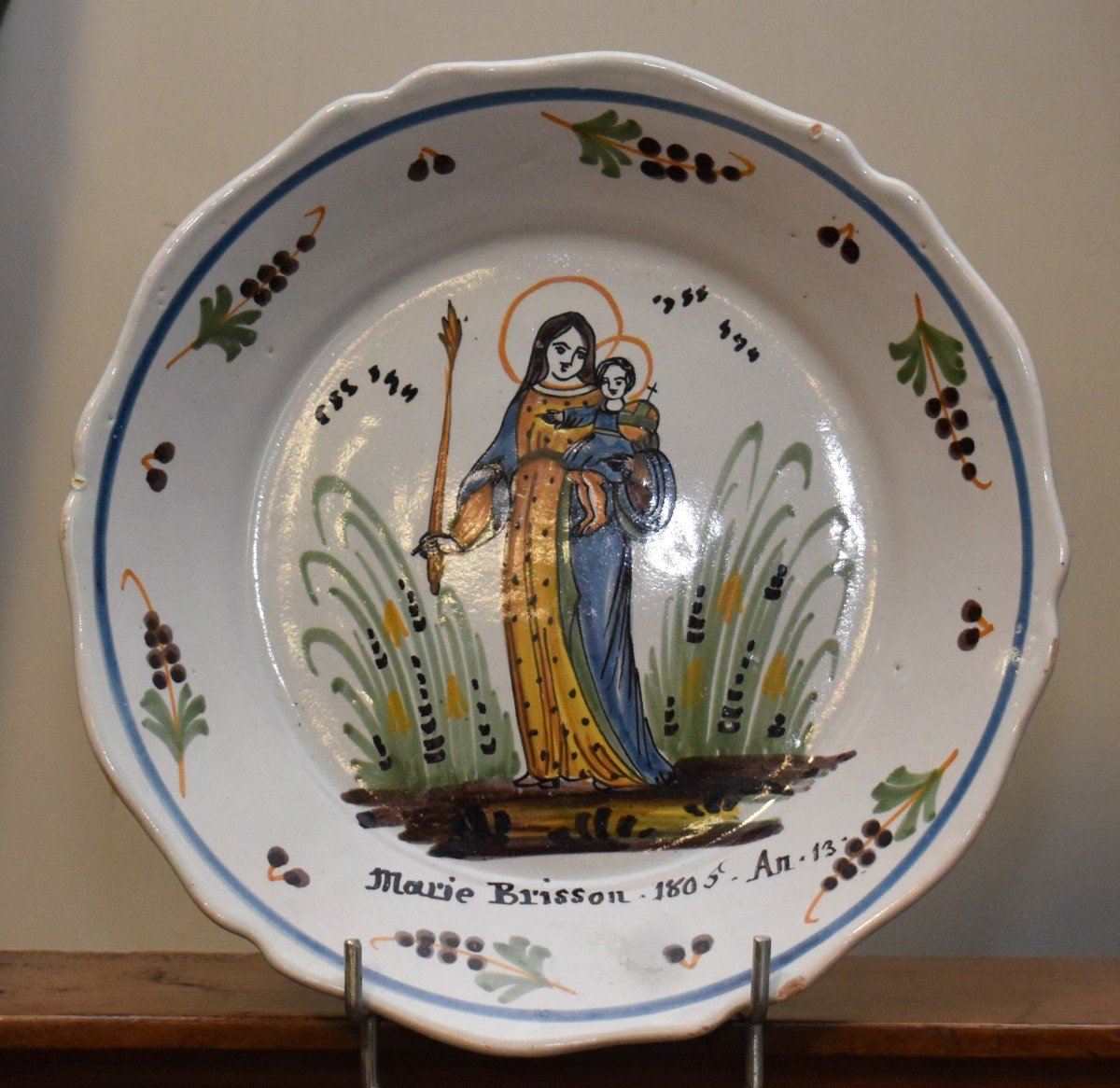 Patronymic Earthenware Plate De Nevers, Marie Brisson 1805 - Year 13. Virgin Mary And The En-photo-2