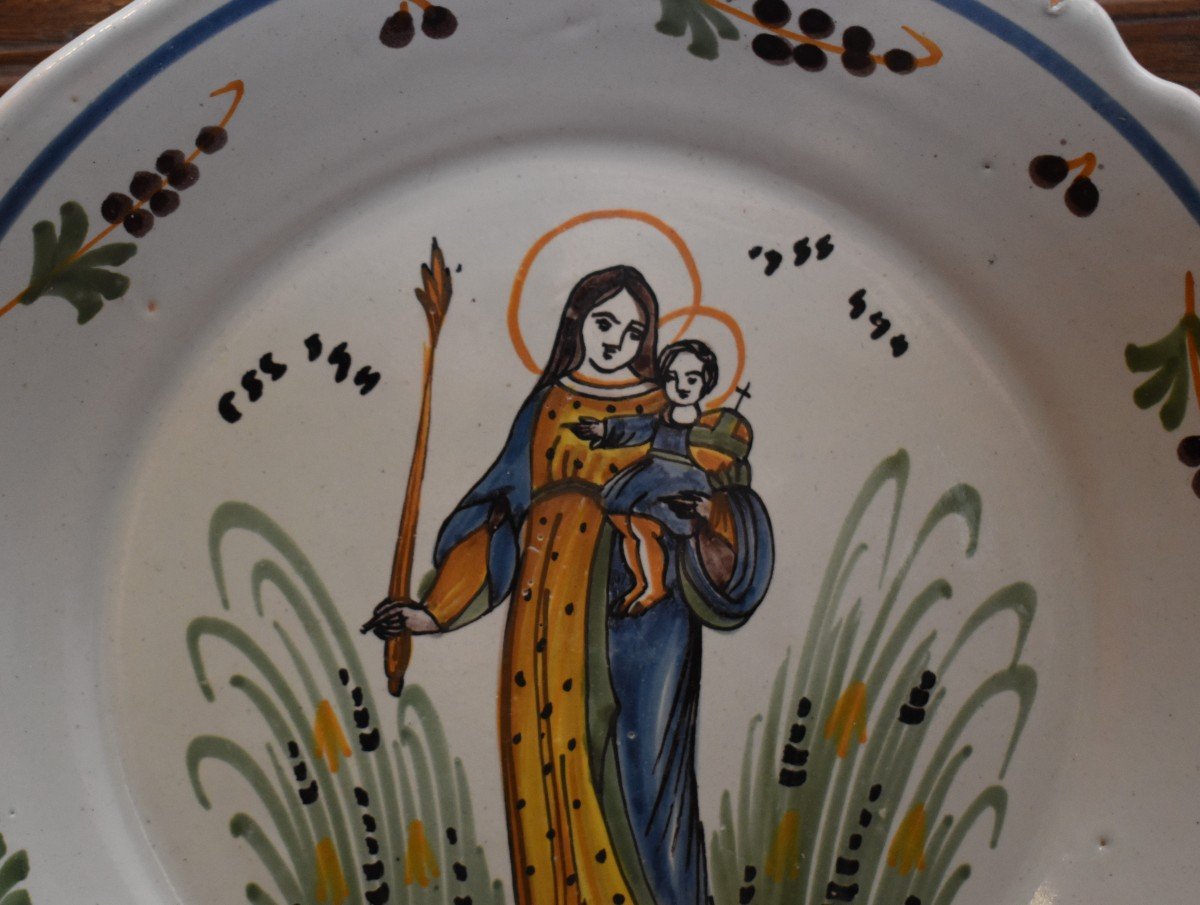 Patronymic Earthenware Plate De Nevers, Marie Brisson 1805 - Year 13. Virgin Mary And The En-photo-3