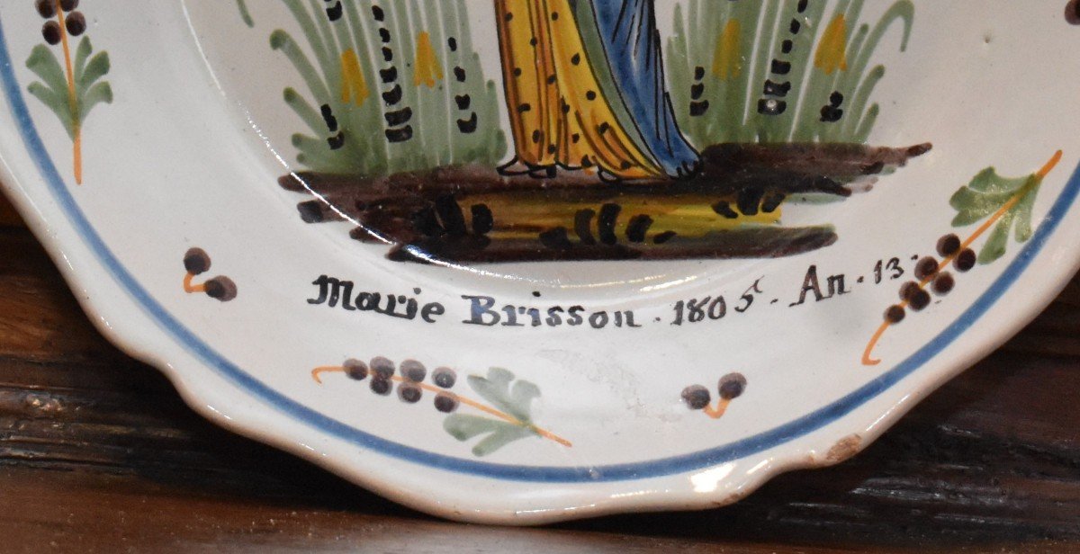 Patronymic Earthenware Plate De Nevers, Marie Brisson 1805 - Year 13. Virgin Mary And The En-photo-4