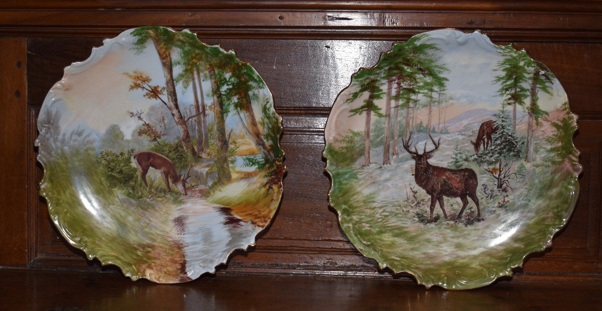 Headdress The Young (1887) Pair Of Large Decorative Plates Entirely Hand Painted, Deer Decor-photo-2