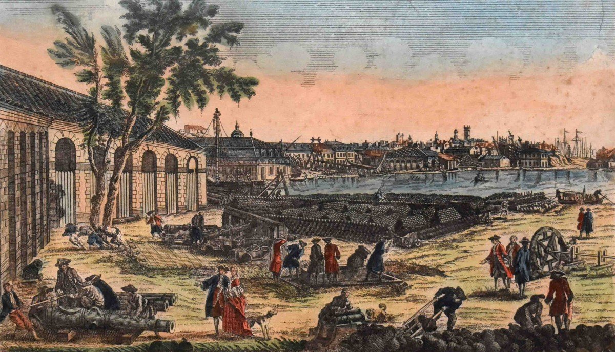 Jacques Chereau le jeune d'après Joseph Vernet.  Vue Optique Du Le Pont Neuf Ou l'Arsenal De Toulon Vu De l'Angle Du Parc d'Artillerie, gravure encadrée.-photo-2