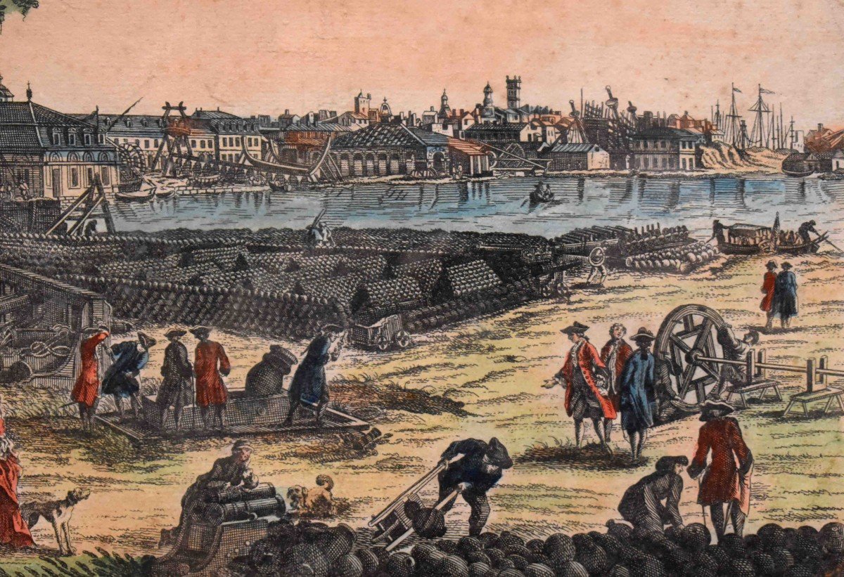 Jacques Chereau le jeune d'après Joseph Vernet.  Vue Optique Du Le Pont Neuf Ou l'Arsenal De Toulon Vu De l'Angle Du Parc d'Artillerie, gravure encadrée.-photo-1