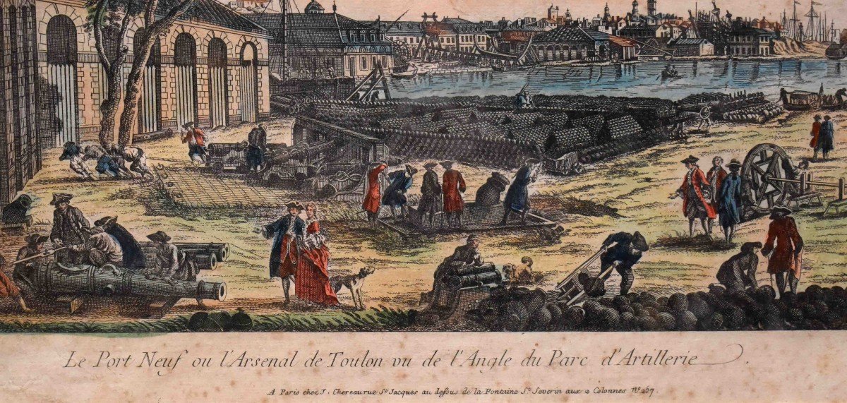 Jacques Chereau le jeune d'après Joseph Vernet.  Vue Optique Du Le Pont Neuf Ou l'Arsenal De Toulon Vu De l'Angle Du Parc d'Artillerie, gravure encadrée.-photo-3