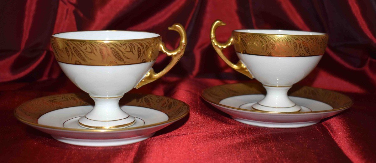 Paire De Tasses En Porcelaine De Limoges De Style Empire Et Double Incrustation Or Poli à l'agate, tasse de collection.-photo-2