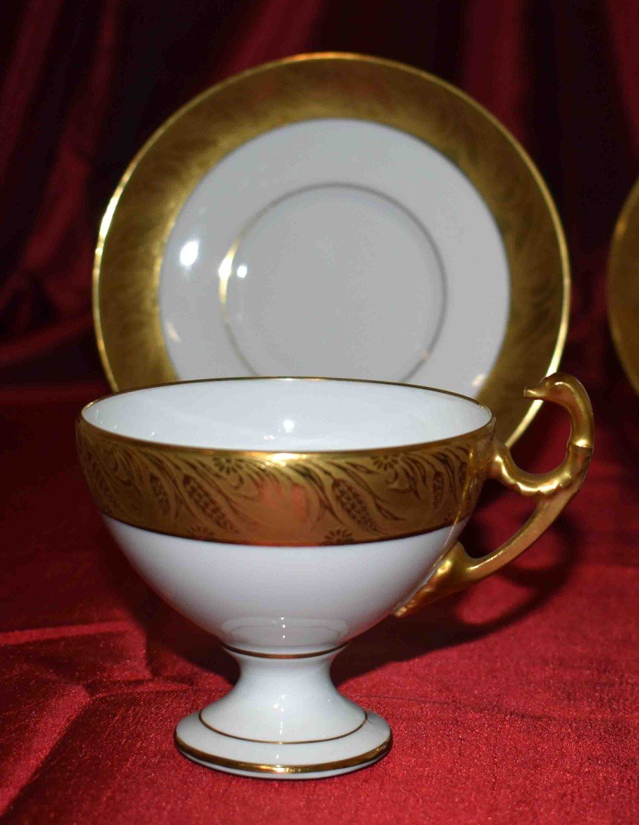 Paire De Tasses En Porcelaine De Limoges De Style Empire Et Double Incrustation Or Poli à l'agate, tasse de collection.-photo-3