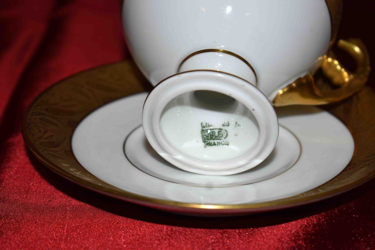 Paire De Tasses En Porcelaine De Limoges De Style Empire Et Double Incrustation Or Poli à l'agate, tasse de collection.-photo-8