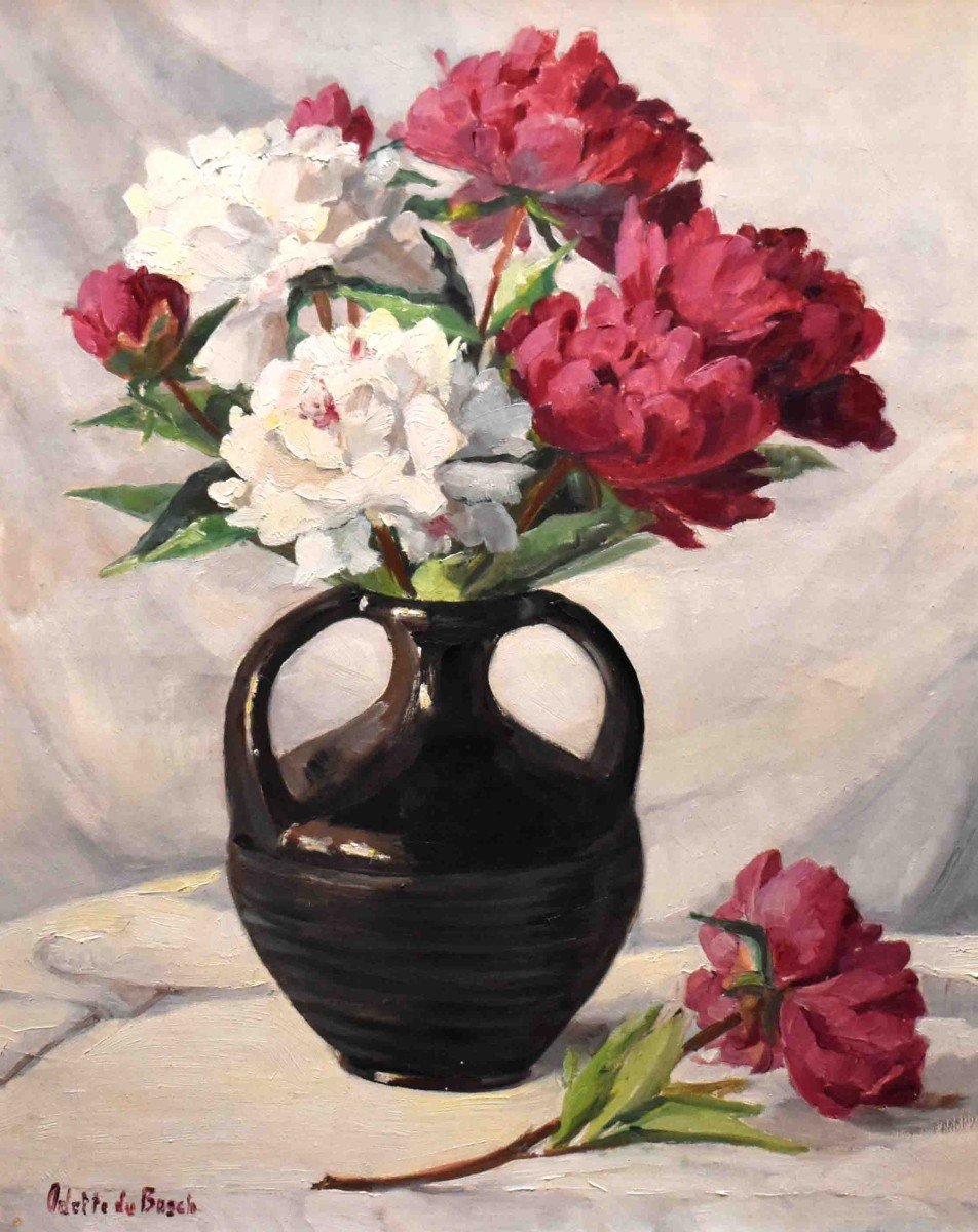 Du Bosch Odette ( 1903-1993 ) Bouquet De Fleurs Aux  Pivoines , Huile Sur Toile .-photo-2