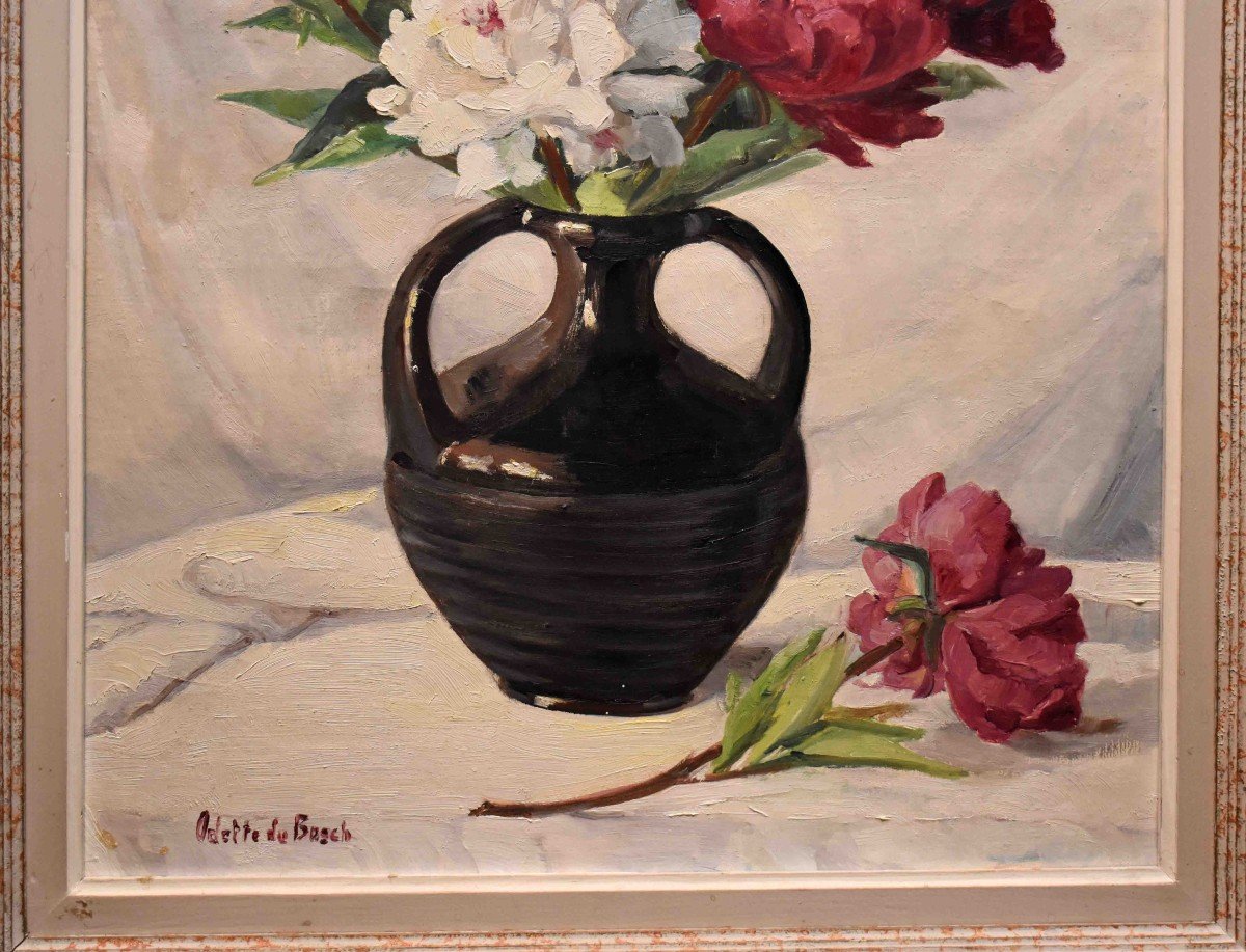 Du Bosch Odette ( 1903-1993 ) Bouquet De Fleurs Aux  Pivoines , Huile Sur Toile .-photo-4