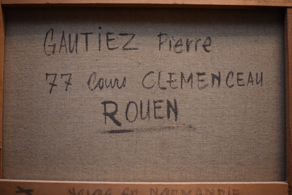 Pierre Gautiez ( 1923-2006) . Important Paysage intitulé : "  neige en Normandie " campagne Normande  enneigée .-photo-6