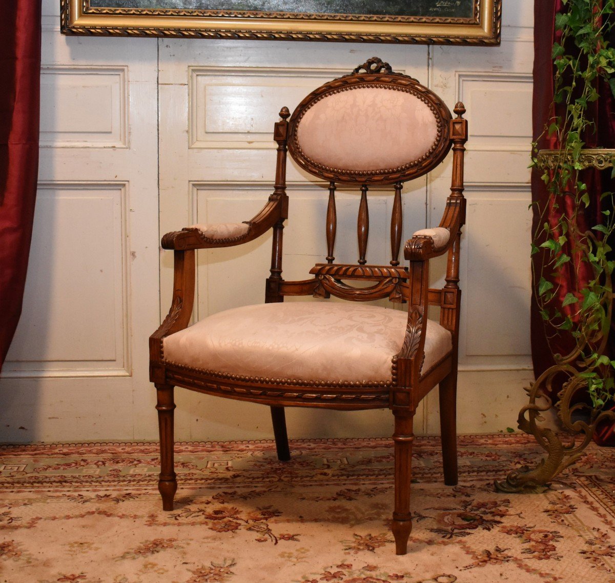 Fauteuil De Style Louis XVI &agrave; Dossier M&eacute;daillon Et Ajour&eacute;-photo-3