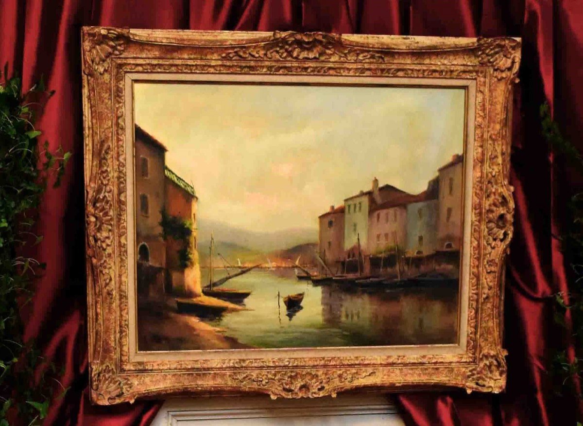 A. Mercier , Tableau Marine, Lever De Soleil Sur Un Petit Port , cadre Montparnasse