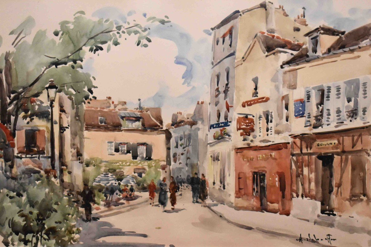 Henri Alexis Schaeffer (1900-1975). Watercolor Of Place Du Tertre, Montparnasse In Paris, Scè-photo-3
