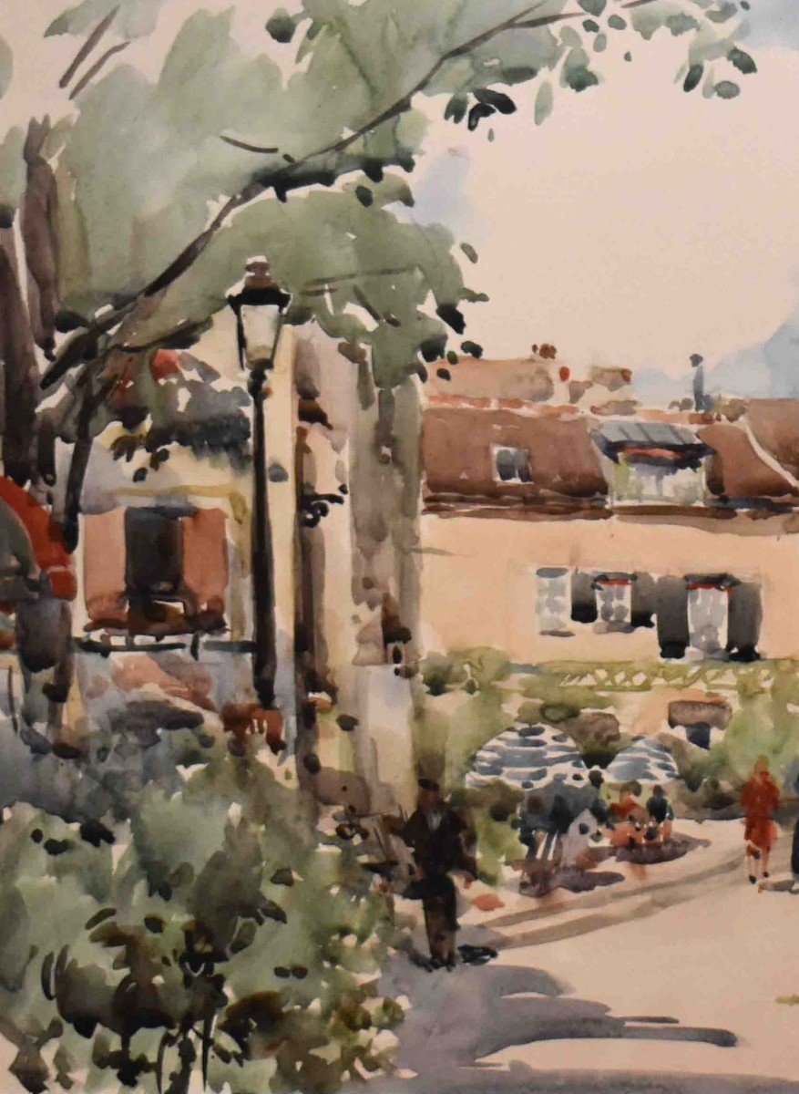 Henri Alexis Schaeffer (1900-1975). Watercolor Of Place Du Tertre, Montparnasse In Paris, Scè-photo-4