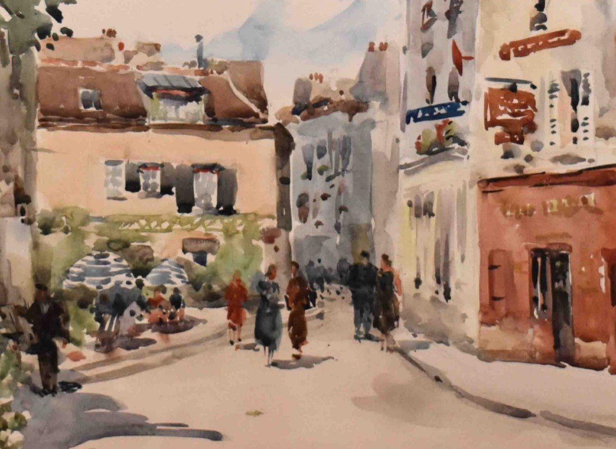 Henri Alexis Schaeffer ( 1900-1975). Aquarelle De La Place Du Tertre, Montparnasse à Paris, Scène de rue  animée .-photo-1