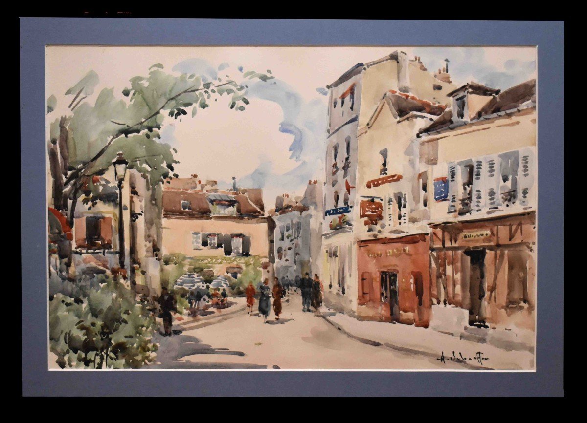 Henri Alexis Schaeffer ( 1900-1975). Aquarelle De La Place Du Tertre, Montparnasse à Paris, Scène de rue  animée .