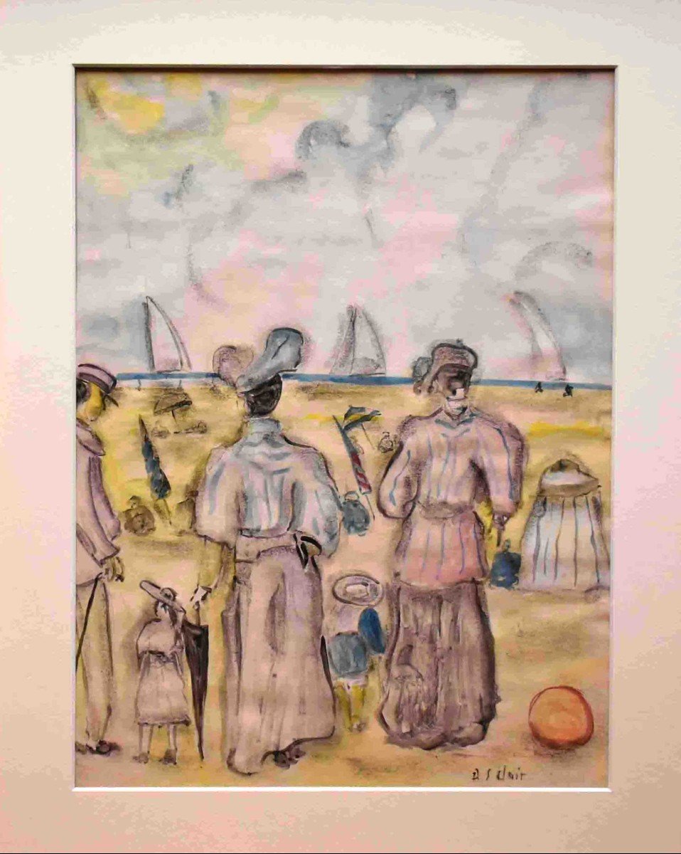 Henri Saint-clair (1899-1990). Seaside, Family Scene On Norman Beach.-photo-2