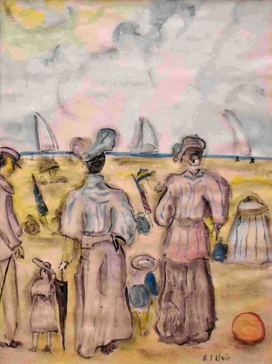 Henri Saint-clair (1899-1990). Seaside, Family Scene On Norman Beach.-photo-3